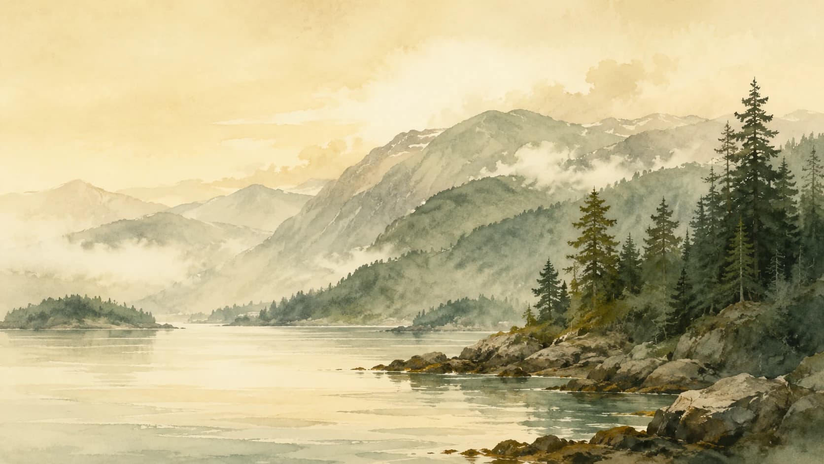 Watercolour illustration of a coastal inlet, with forested slopes and mist over the water.
